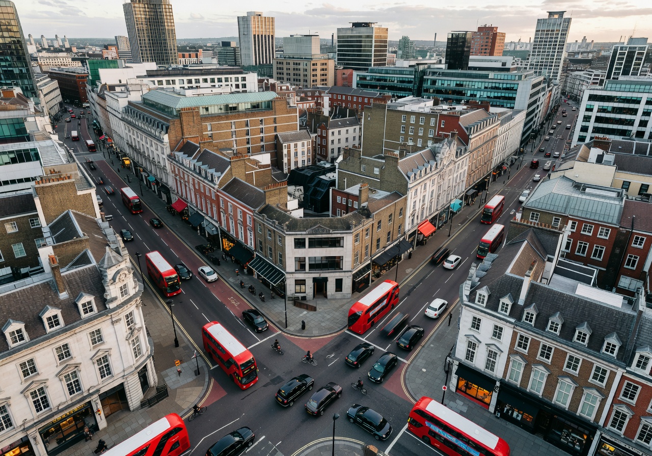 Aerial view of central London streets and rooftops near Fitzrovia