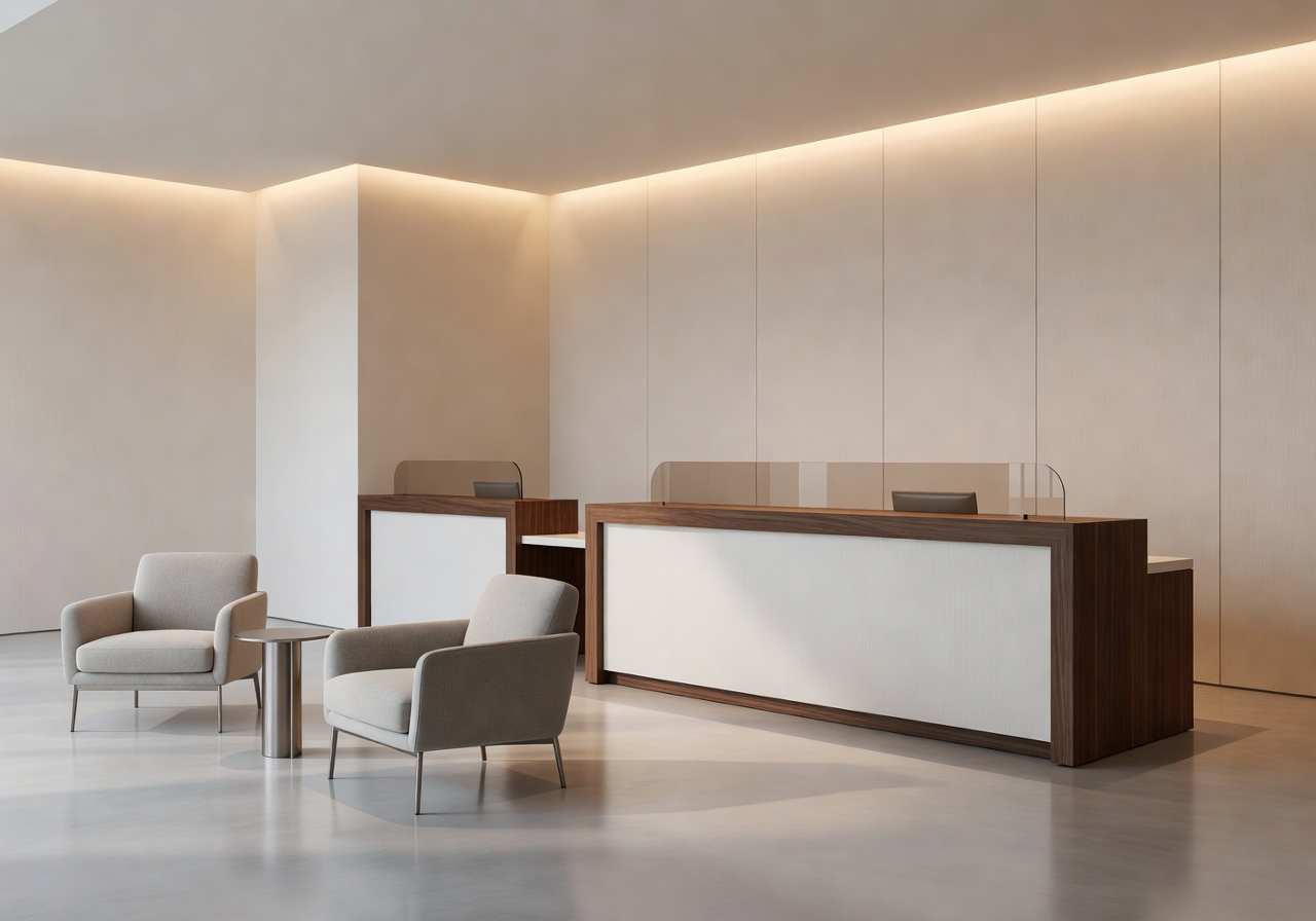 Architectural detail of a calm modern bank lobby with warm light