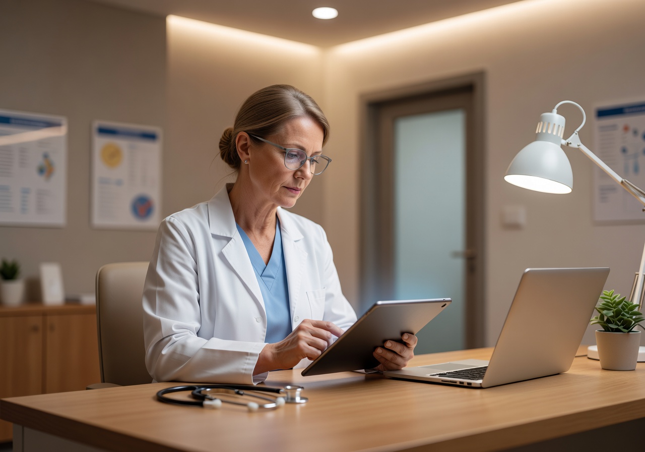 Doctor reviewing patient information on a tablet in a softly lit clinic