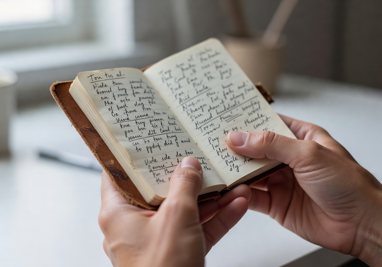 Hands holding a small notebook with handwritten behavioral insights