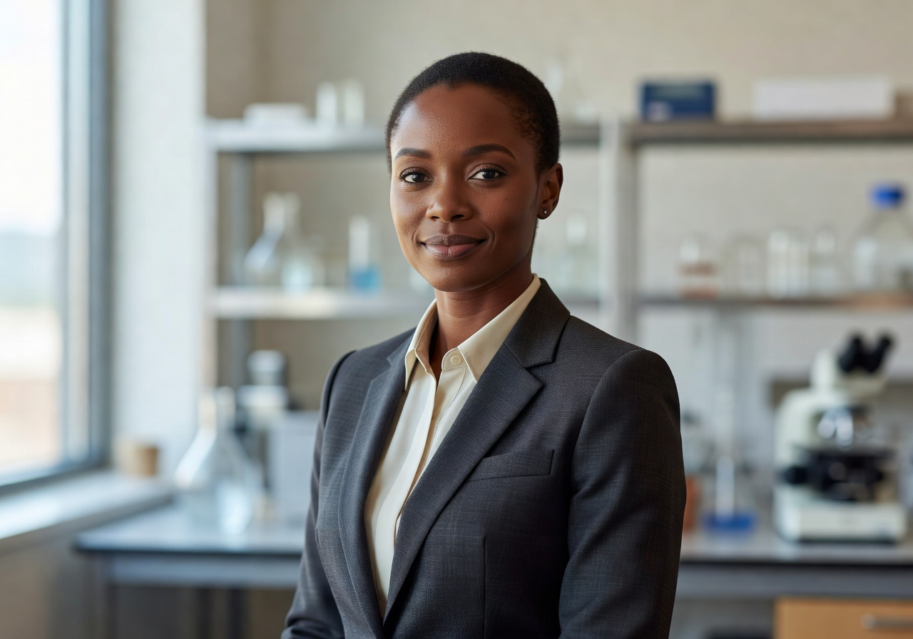 Portrait of Ada Okafor, research lead, looking calmly at the camera