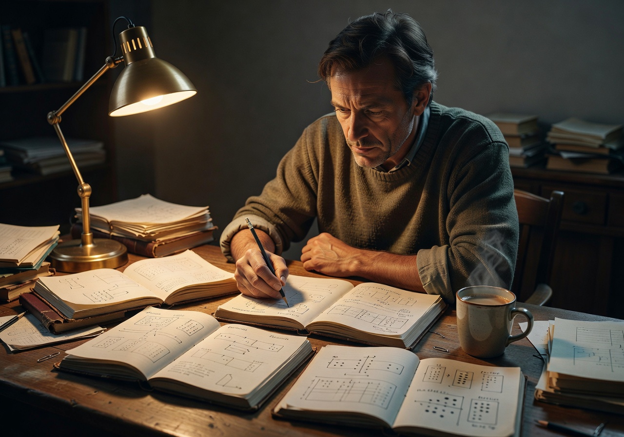 Researcher annotating behavioral patterns on a soft-lit desk with notebooks and warm coffee
