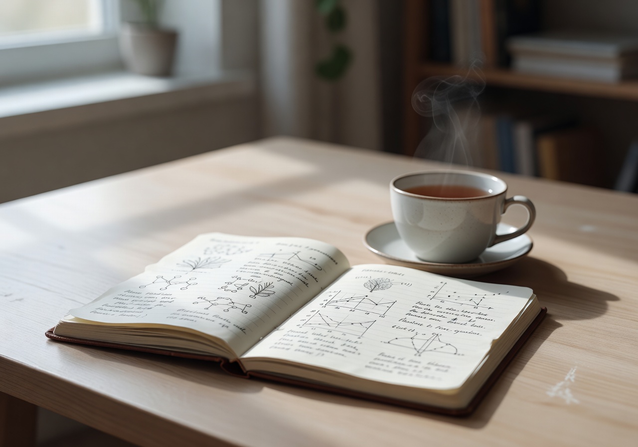 Soft natural light falling across an open research notebook and ceramic teacup