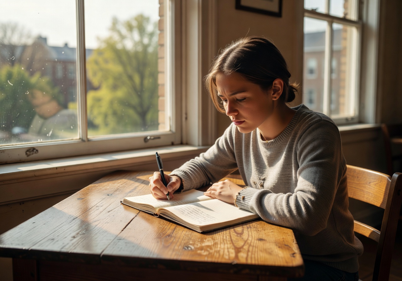 Student writing in a notebook at a wooden desk near a sunny window