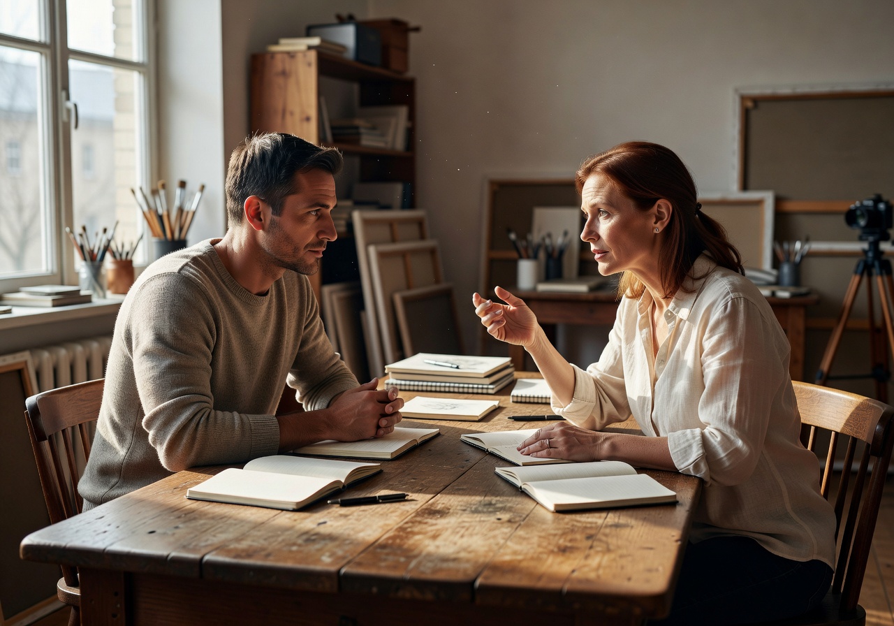 Two colleagues talking thoughtfully at a wooden studio table with notebooks